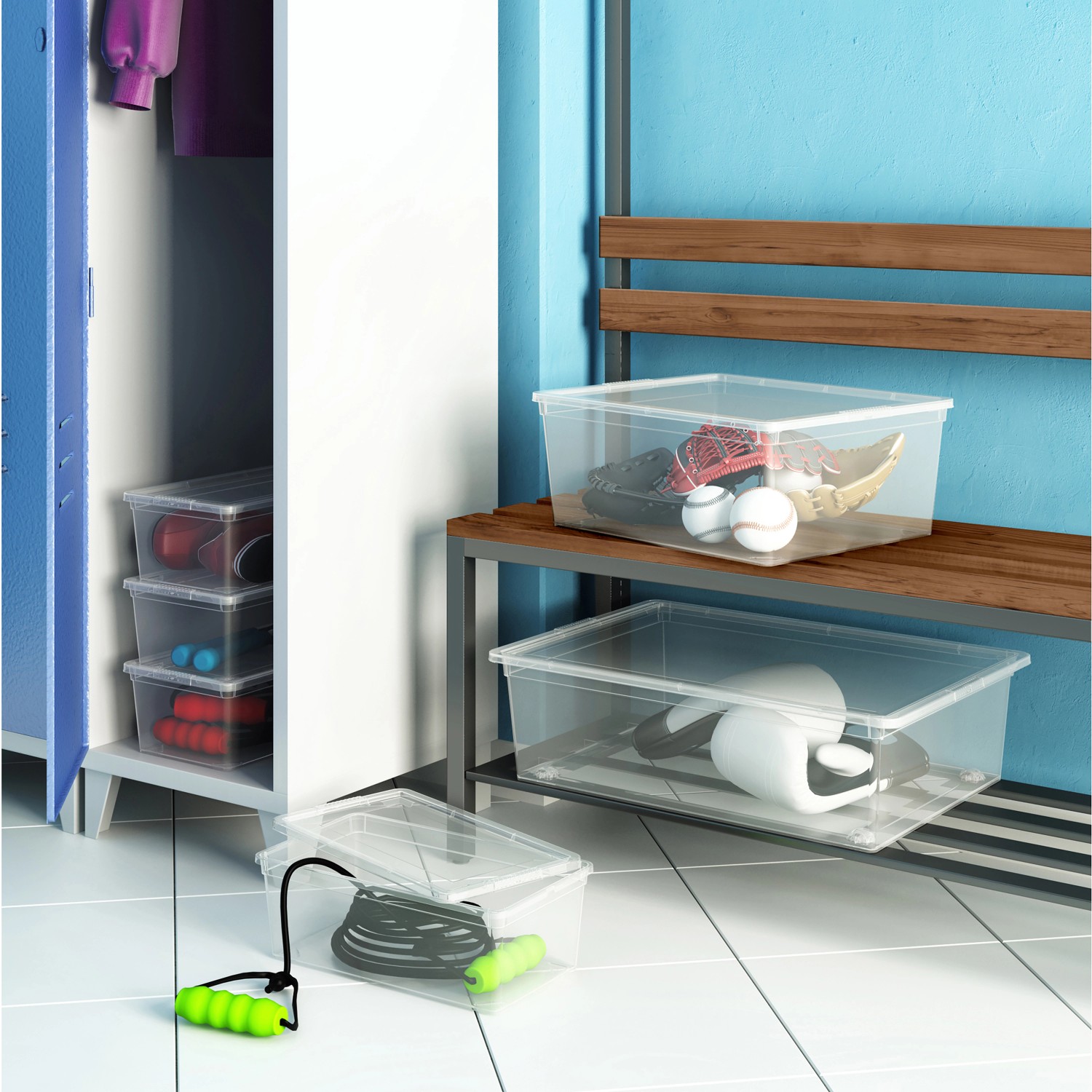 Transparente KIS Aufbewahrungsbox C XXS mit Deckel, gefüllt mit diversen Gegenständen.