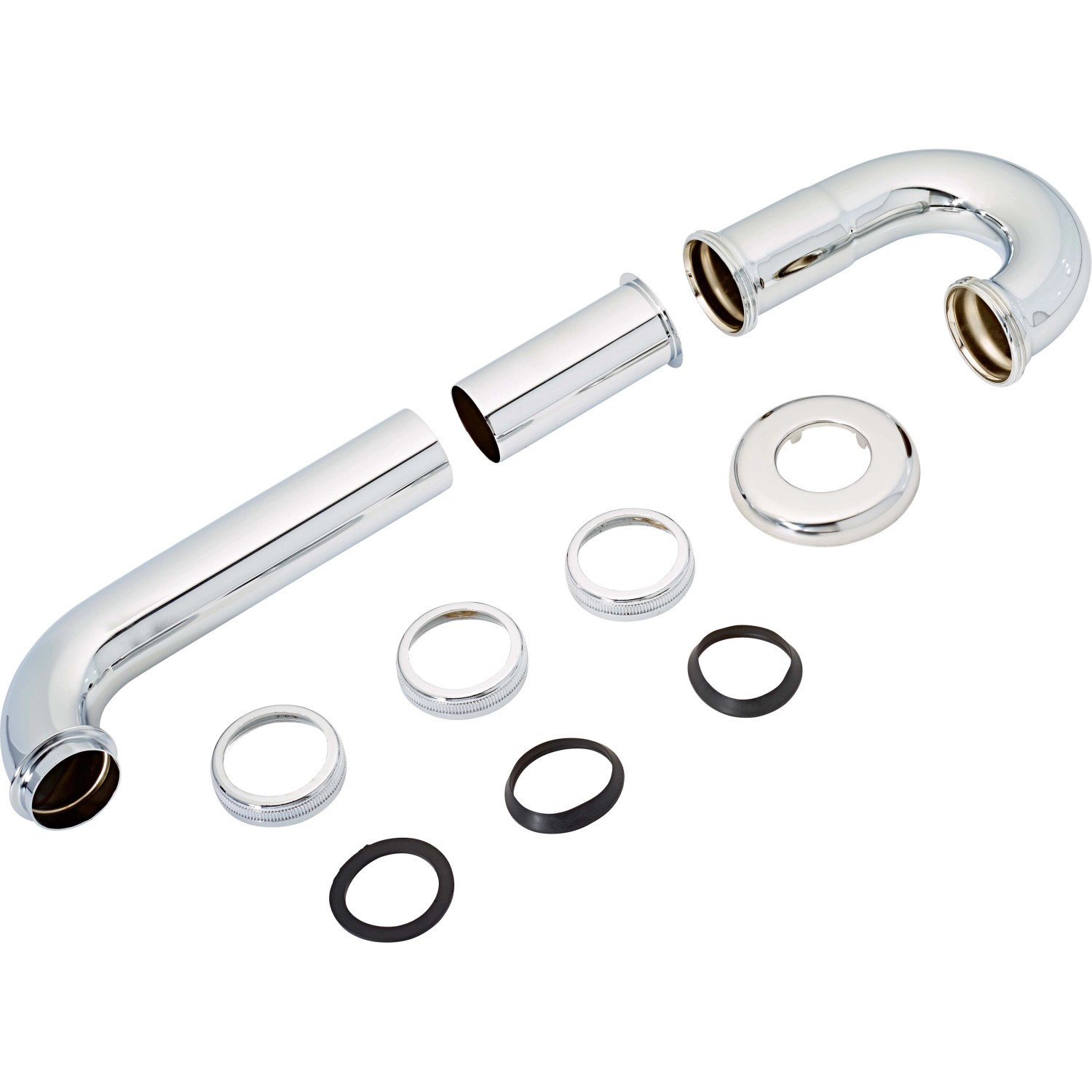 Verchromter Röhrensiphon (38,9 mm x 32 mm) für Waschbecken, bestehend aus Rohren, Dichtungen und Rosette.
