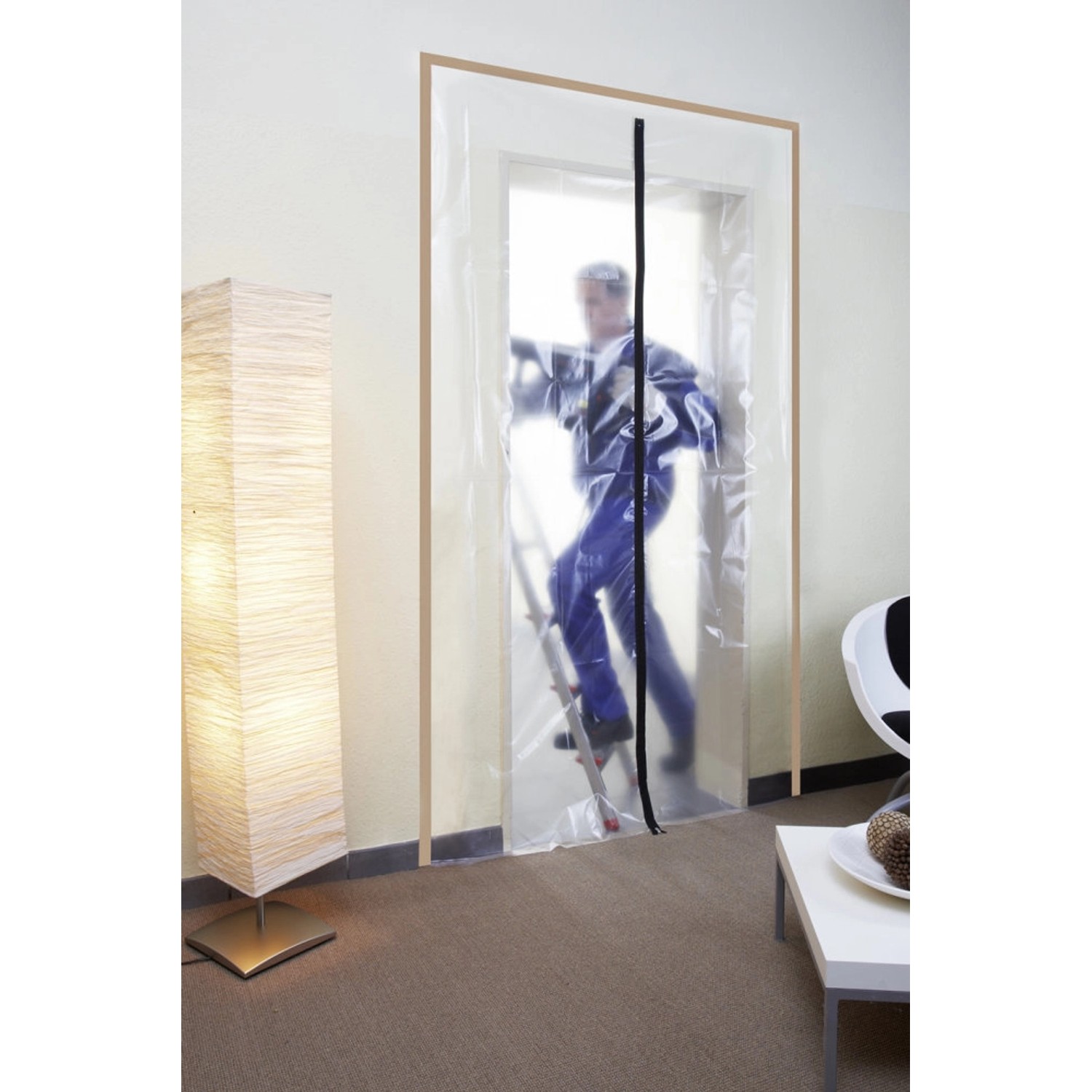 wolfcraft Schmutzschleuse für Tür mit Baufolie und Reißverschluss. Staubschutz beim Renovieren.