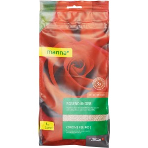 Manna Rosendünger 1 kg Packung mit Rosen-Motiv und Produktinformationen.