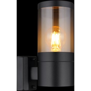 Moderne Globo Außenwandleuchte, schwarz matt mit Rauchglas, E27 Fassung.