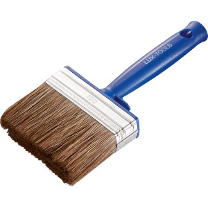 LUX Flächenstreicher Lasur, 100 mm breit, mit blauem Kunststoffgriff und Kunstborsten.