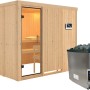 Karibu Sauna Gunda mit Ofen und externer Steuerung, aus naturbelassenem Holz mit Glastür.