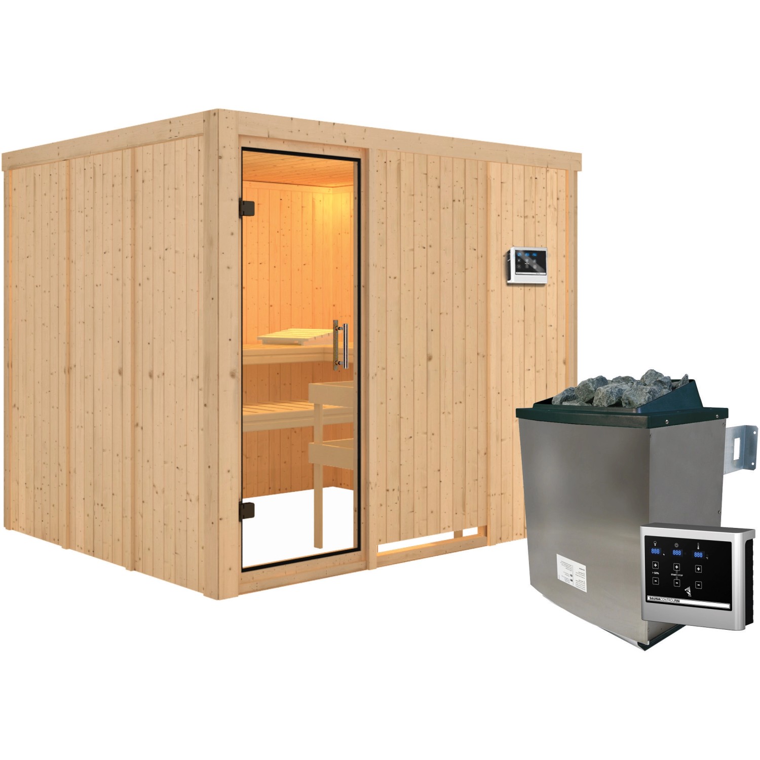 Karibu Sauna Gunda mit Ofen und externer Steuerung, aus naturbelassenem Holz mit Glastür.