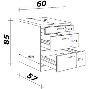 Technische Zeichnung: Flex-Well Auszugsunterschrank Vintea, 60 cm breit, mit Schubladen und Maßen.