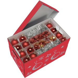 Offene, rote Nips Christmas-Aufbewahrungsbox mit Weihnachtsdeko wie Kugeln und Girlanden.