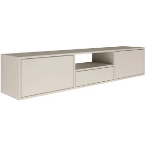 Selsey TV-Hängeboard Framme 150 cm in Kaschmirgrau. Wandmontierter TV-Schrank mit zwei Klappen, offenem Fach und Schublade.