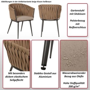 2er Set MCW Gartenstühle N38, creme Kissen, hellbraunes Seilgeflecht und Aluminiumgestell.