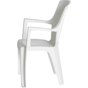 Weißer Progarden Stapelsessel Eden mit Armlehnen und Geflechtoptik im Rücken.