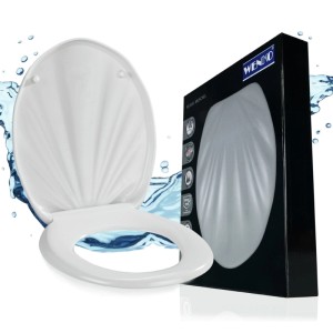 WENKO WC Sitz Muschel, weiß, oval, mit Absenkautomatik. Duroplast Toilettensitz und Produktverpackung.