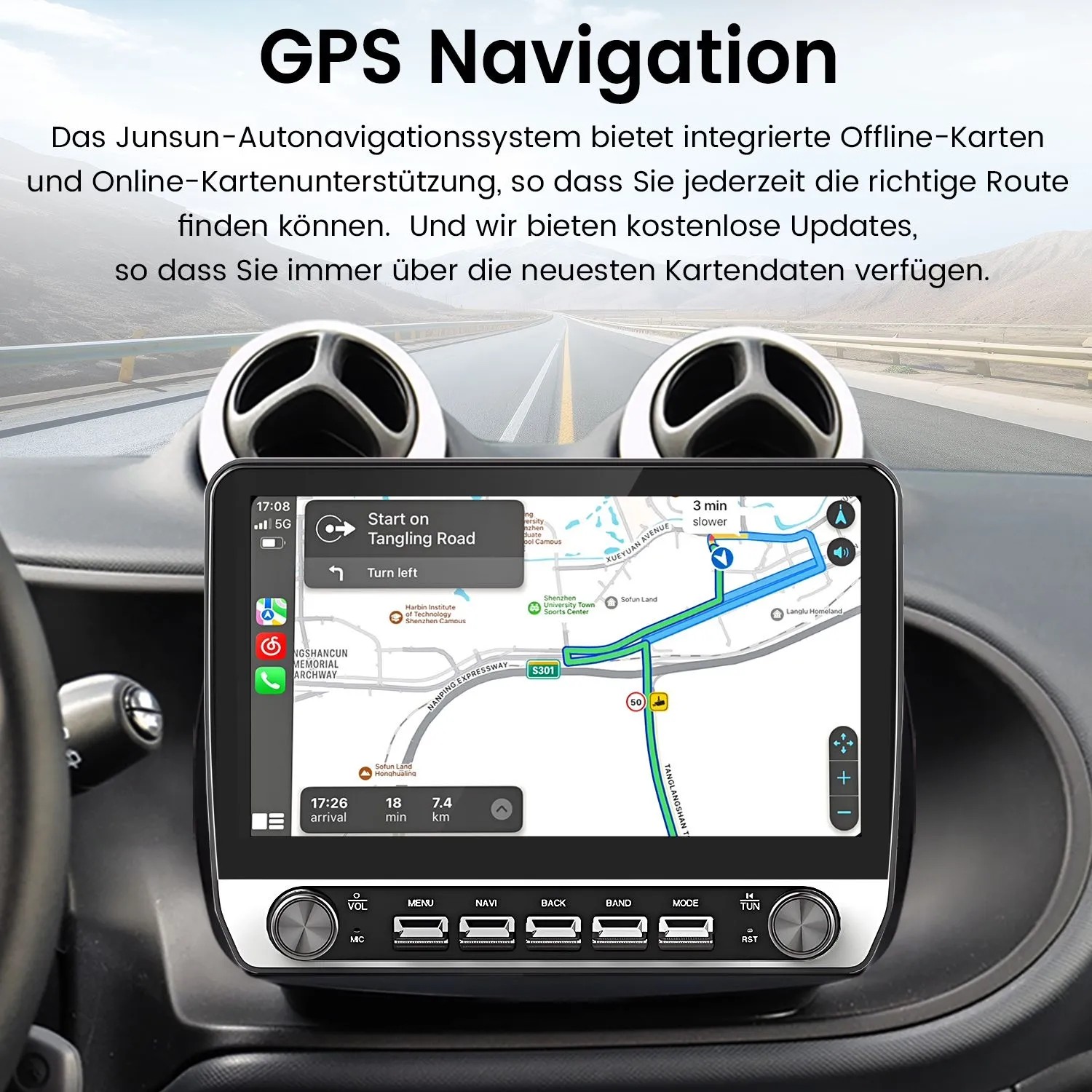 Junsun 10 Zoll Autoradio mit GPS Navigation auf Touchscreen im Armaturenbrett. Zeigt Routenführung und Bedienelemente.