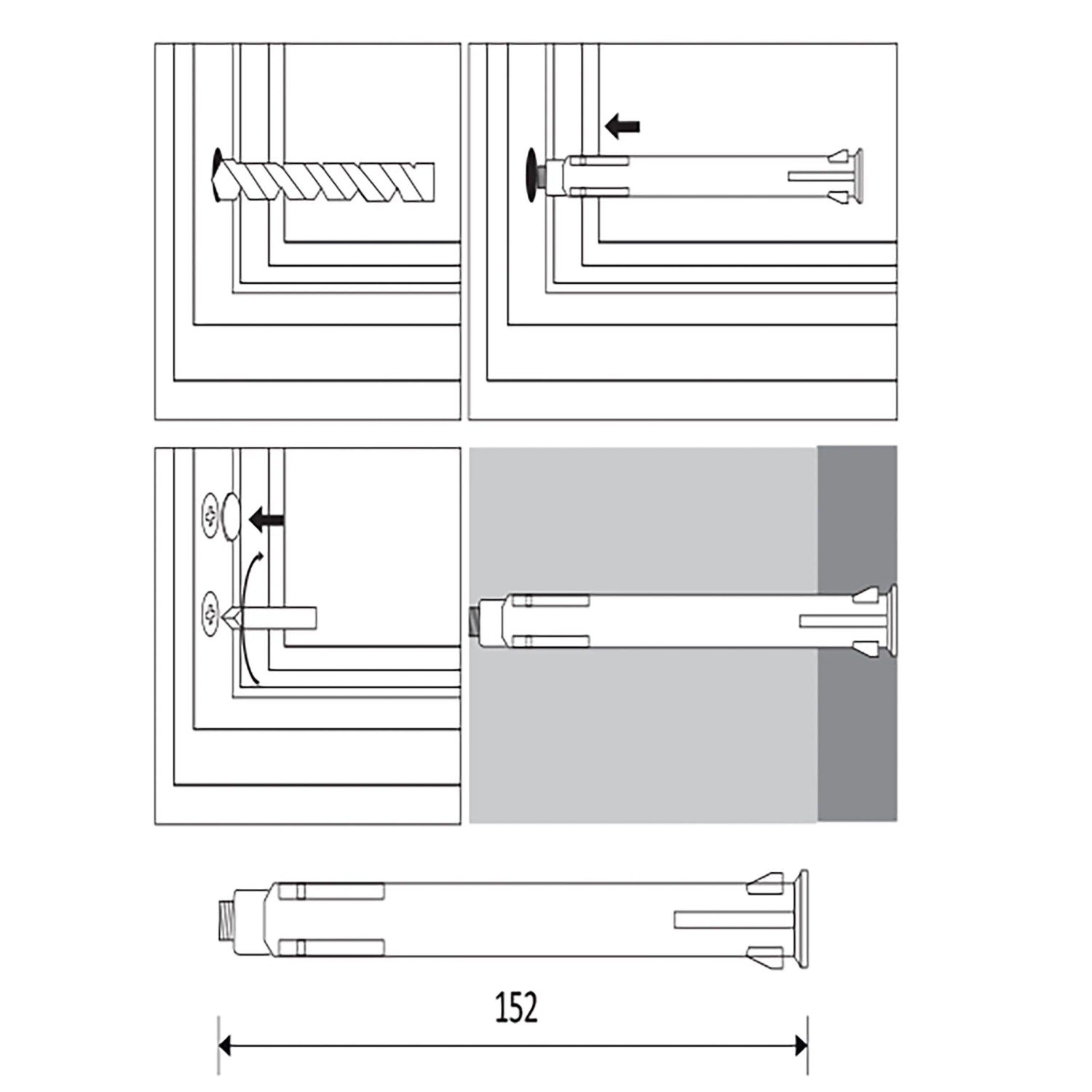 Illustration der Montage von Quadroform Metallrahmendübeln (152mm, 8 Stück) für Fenster.