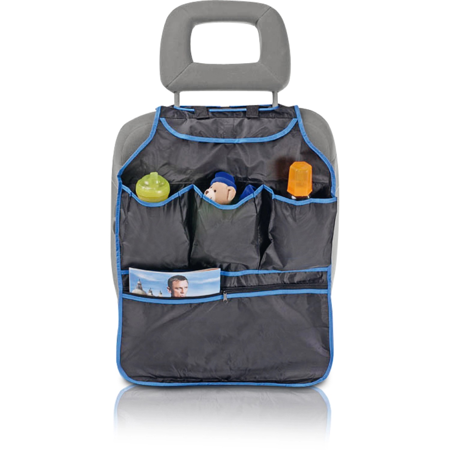 Blauer Autositz-Organizer mit Fächern für Spielzeug und Bücher, 48x73 cm.