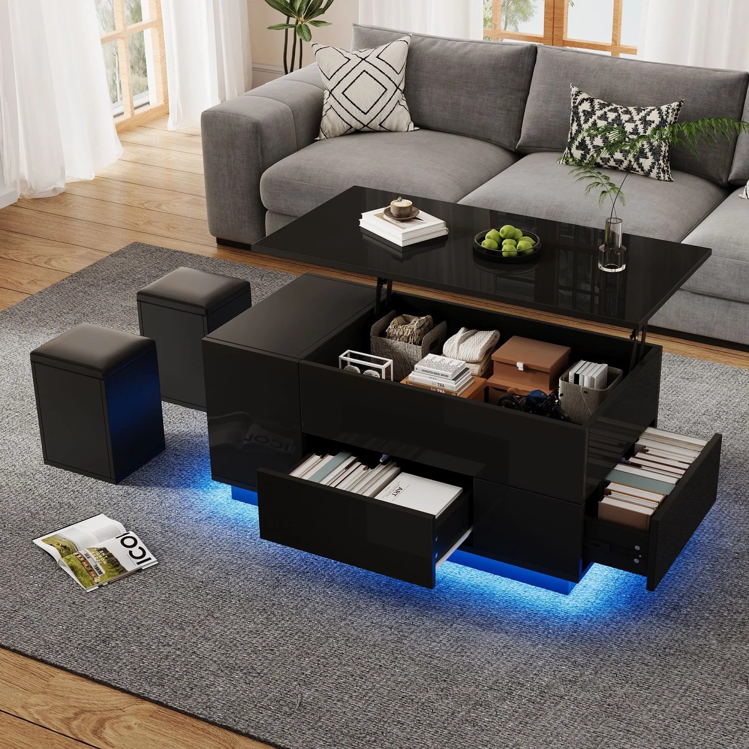 okwish Couchtisch HöhenVerstellbarer Sofatisch mit LED/2 Schubladen 100 x 50 cm Schwarz kaufen bei OBI
