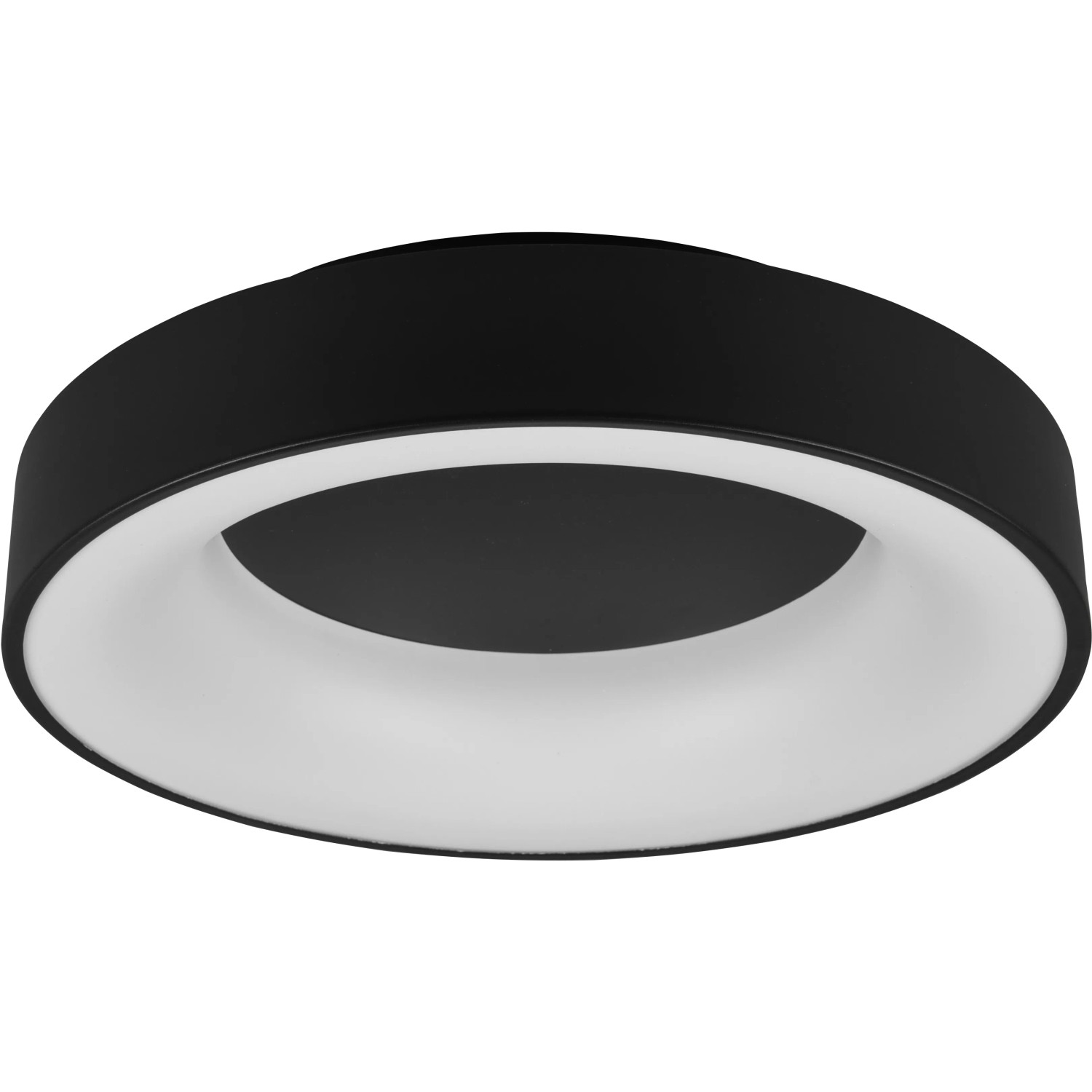 Schwarze, runde Trio LED Deckenleuchte Girona mit Ring aus weißem Licht.