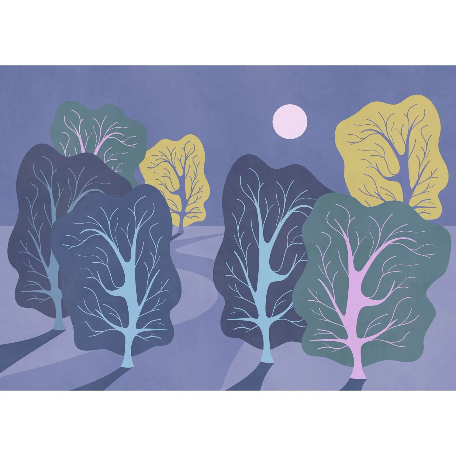 Komar Vliestapete Purple Nights: Violette Fototapete mit Baum-Motiv und Mond.
