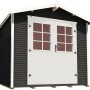 Anthrazitfarbenes weka Gartenhaus mit Satteldach und weißer Doppeltür.