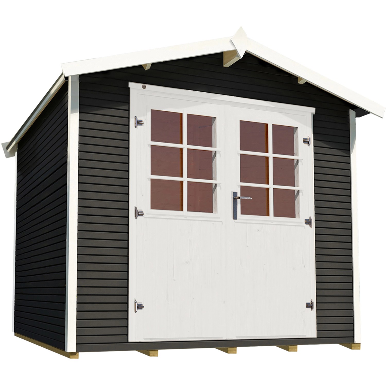 Anthrazitfarbenes weka Gartenhaus mit Satteldach und weißer Doppeltür.