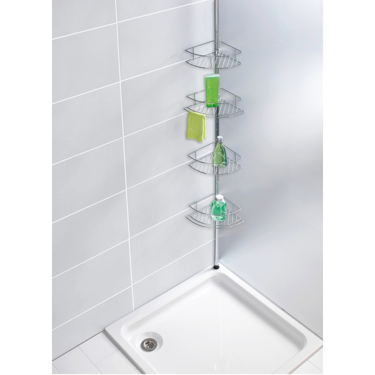 Wenko Teleskop-Eckregal Dolcedo aus Edelstahl mit 4 Ablagekörben in Dusche.