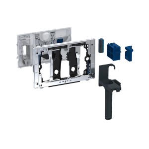 Geberit DuoFresh Stick Einschub für Sigma UP-Spülkasten. Einzelteile: Befestigungsrahmen, Halterung und blaue Einsätze für WC-Drückerplatten.