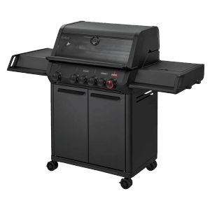 Enders Gasgrill Monroe Pro 4 SIKR Turbo Shadow, schwarzer Grill mit Seitenkocher und Unterschrank.