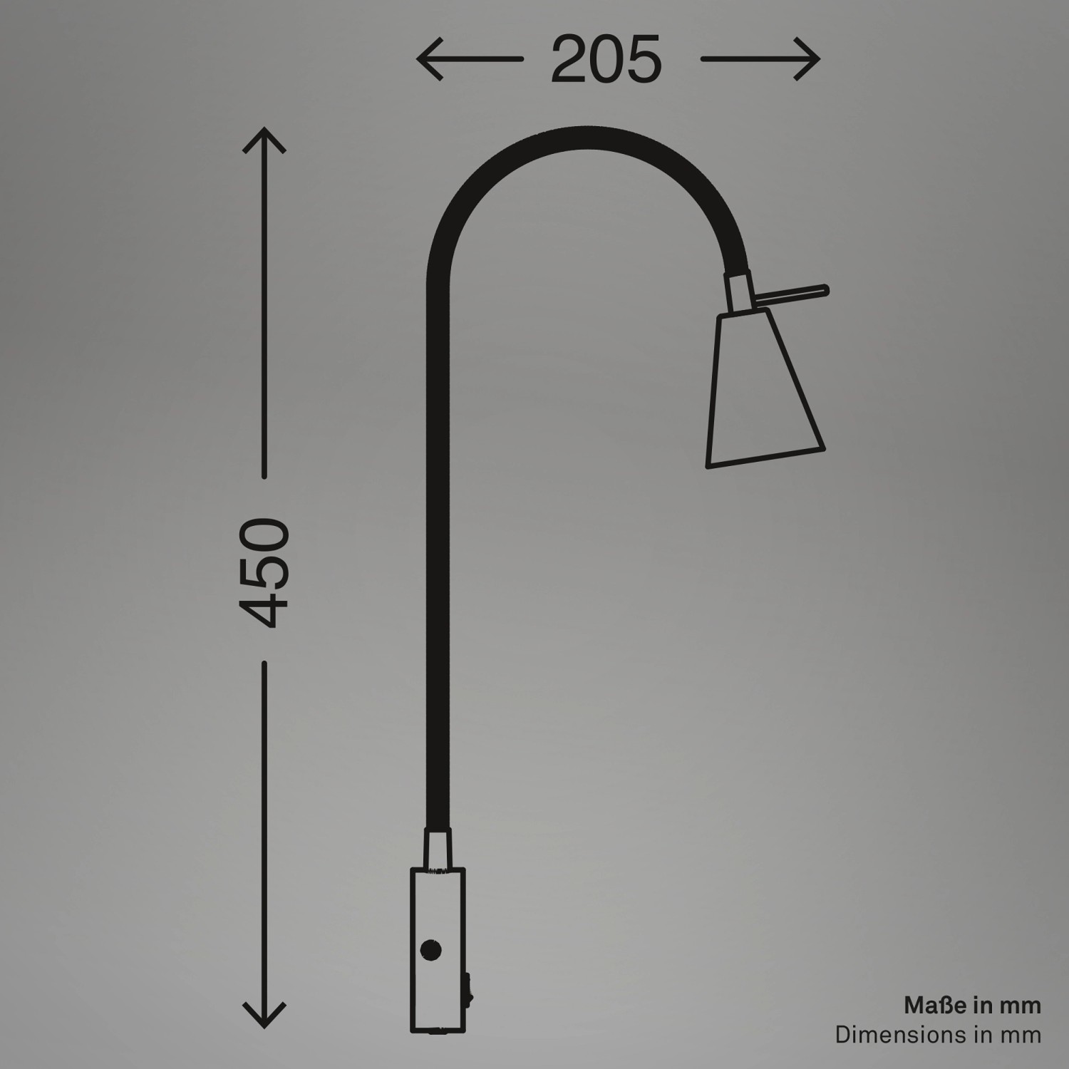 Skizze der weißen Briloner LED Bettleuchte Tusa mit Flexarm und Maßangaben.