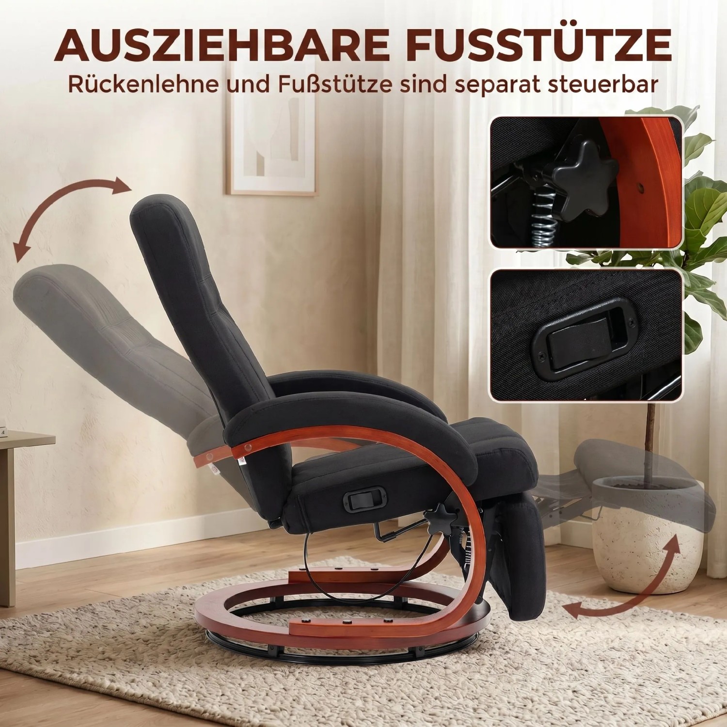 Schwarzer Relaxsessel mit neigbarer Rückenlehne und ausziehbarer Fußstütze auf drehbarer Eukalyptusholzbasis.