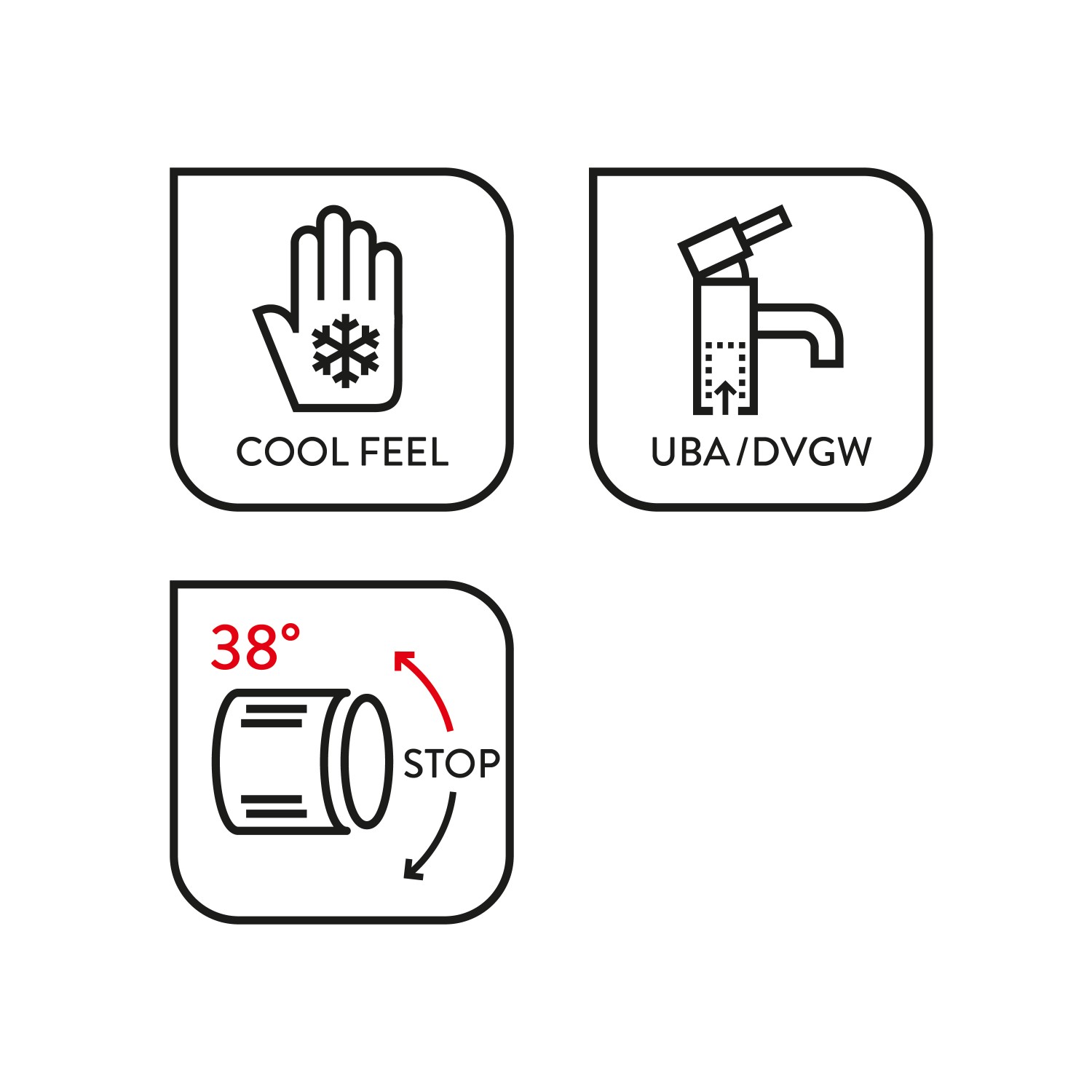 Icons der baliv Thermostat-Duscharmatur DU-2061: Cool Feel, UBA/DVGW-Zertifizierung, 38°C-Sperre.