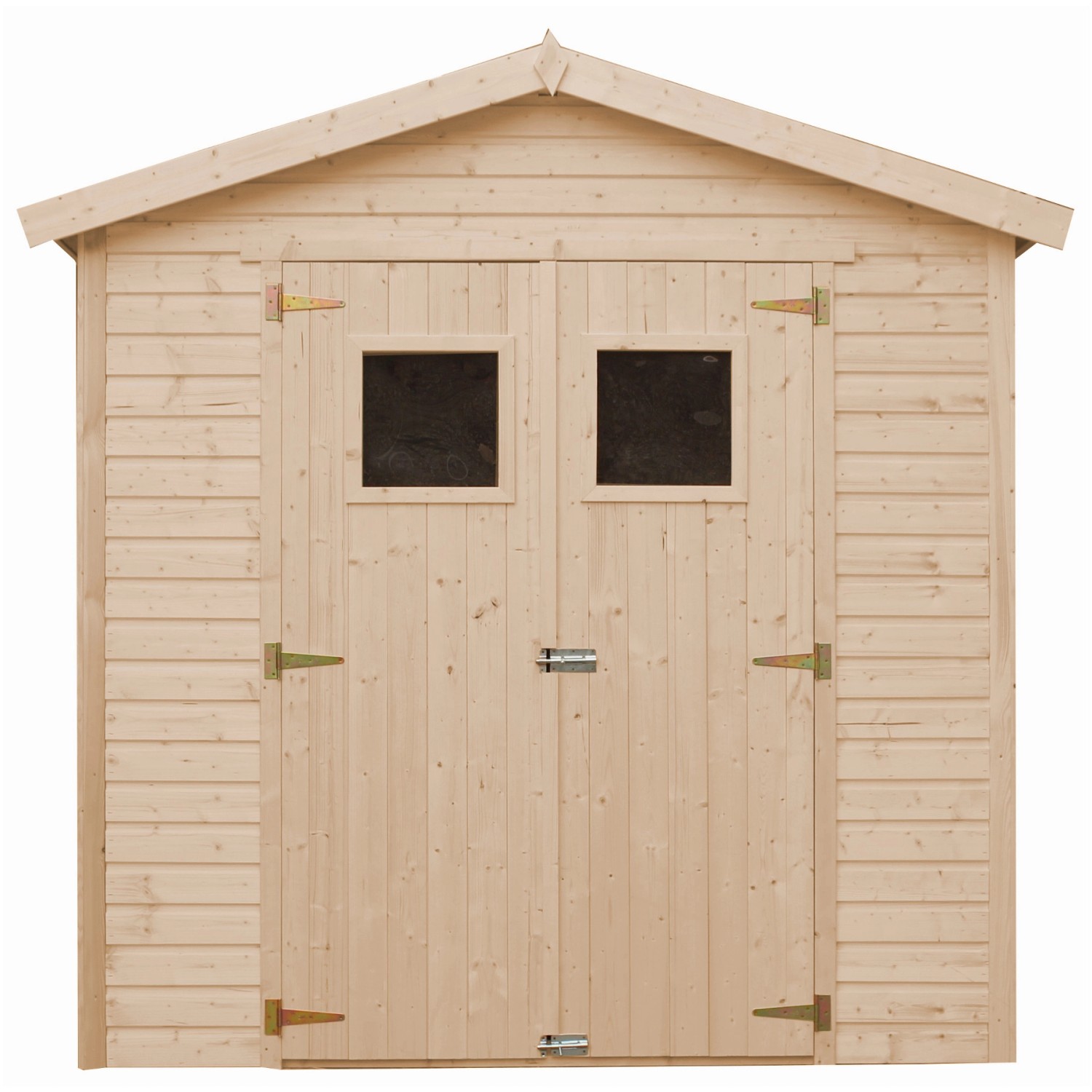 Timbela Holz-Gartenhaus M351+M351G mit Boden und quadratischen Fenstern, Frontansicht.