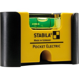 Gelb-schwarze Stabila Wasserwaage Pocket Electric, 7 cm, mit Libelle und Gürtelclip.