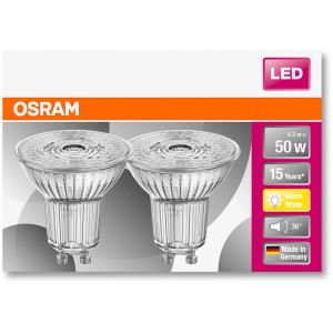 2er Set Osram GU10 LED-Leuchtmittel, 4,3W, warmweiß, 350lm, 5,2x5cm. Energiesparende LED für Wohnräume.