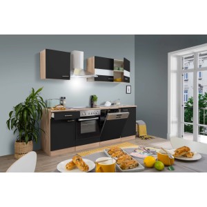 Respekta Küchenzeile KB220ESSC, 220 cm, Schwarz und Eiche Sägerau Nachbildung.