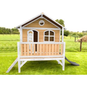 Axi Stef Spielhaus aus Holz in Braun, Weiß mit grauer Rutsche. Ideal für den Garten.