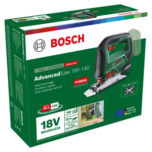 Verpackung der Bosch Akku-Stichsäge Advanced-Saw 18 V-140. Stichsäge mit Akku angedeutet.
