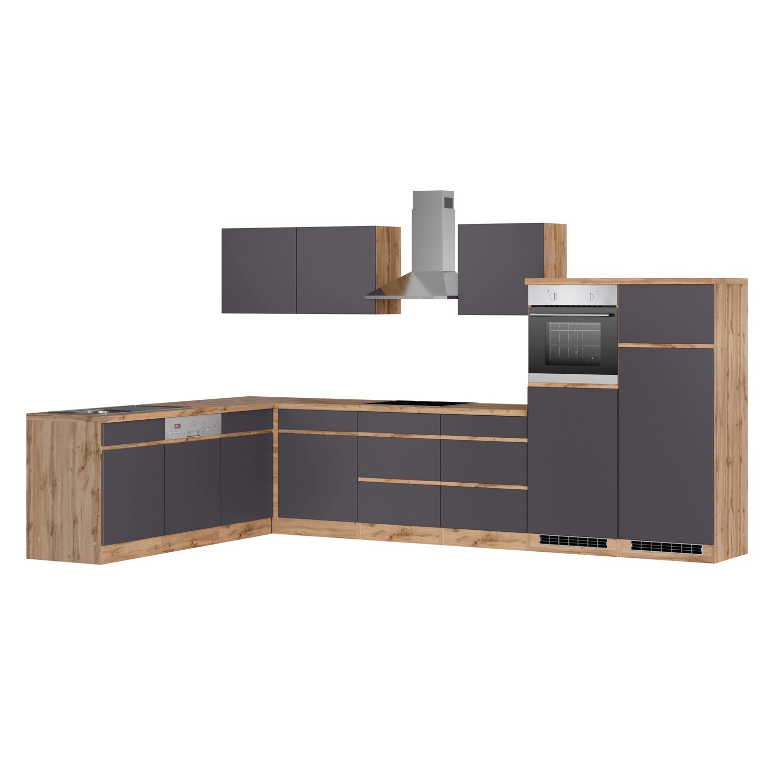 Moderne Winkelküche Turin in Graphit-Wotaneiche (360x240 cm) mit E-Geräten.