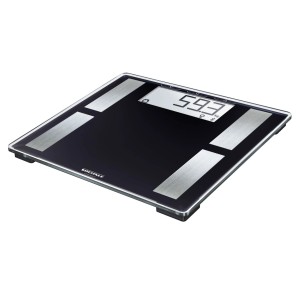 Leifheit Shape Sense Connect 50 Personenwaage in Schwarz-Silber mit digitaler Anzeige.