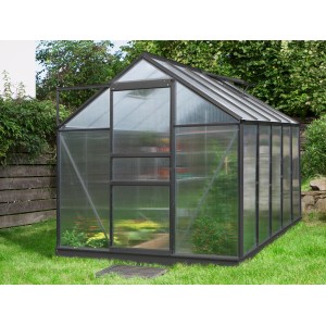 Schwarzes Vitavia Gewächshaus Venus 6200 HKP mit Hohlkammerplatten im Garten.