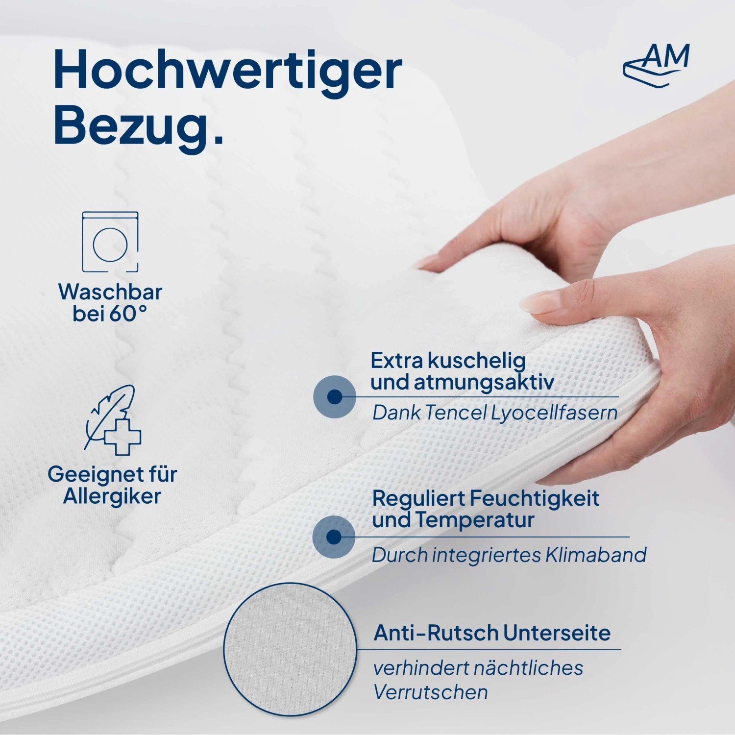 Weißer AM Gelschaum Topper mit hochwertigem, waschbarem Bezug. Atmungsaktiv, allergikergeeignet und rutschfest.