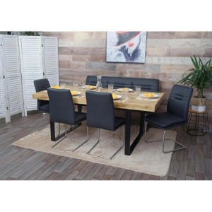 Dunkelgraues Esszimmer-Set: Tisch, Bank und 4 Stühle mit Edelstahlgestell.