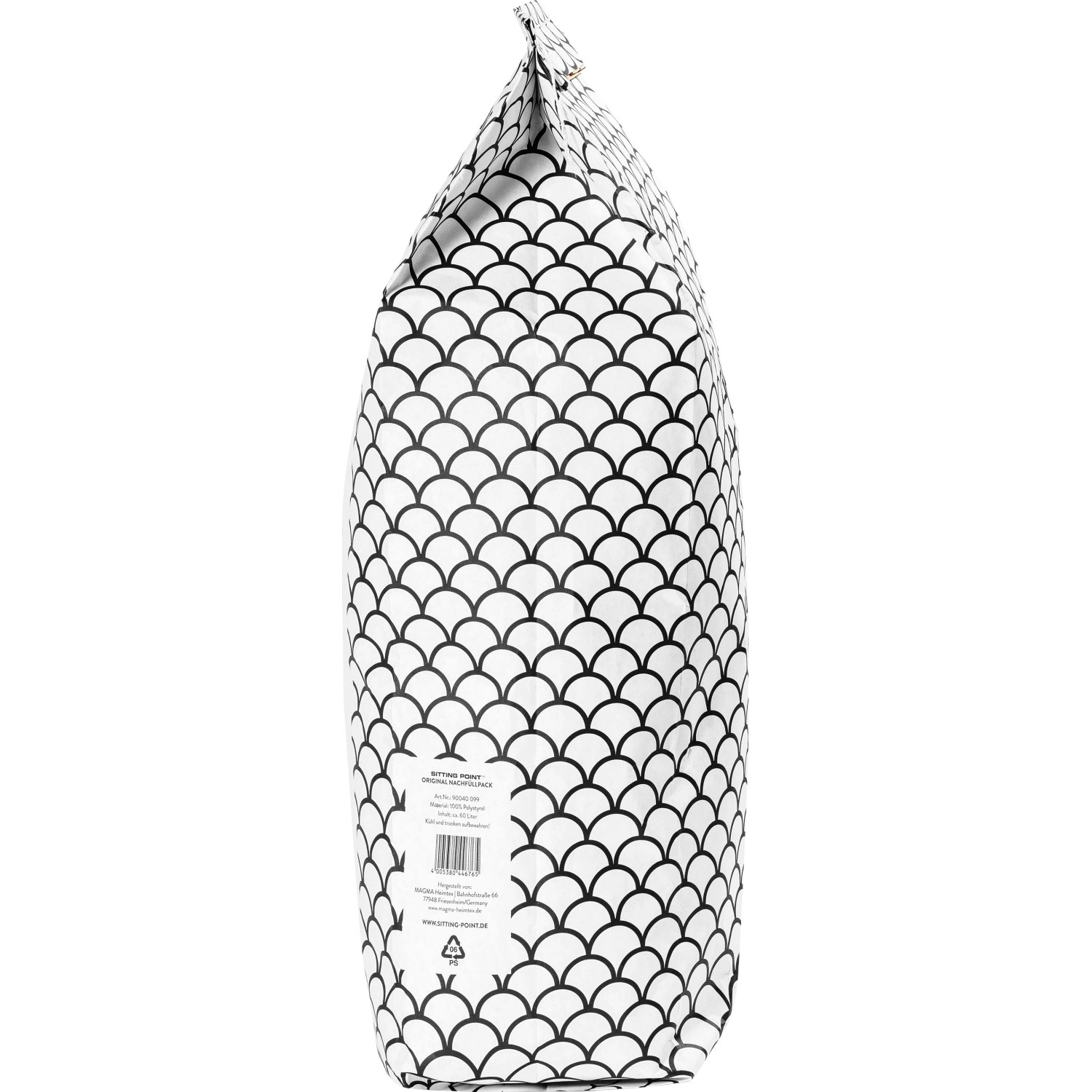 Weißer Sitting Point Sitzsack 60l mit schwarzem Schuppenmuster.