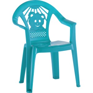 Türkisfarbener Kinderstuhl mit Bärenmotiv für drinnen & draußen.
