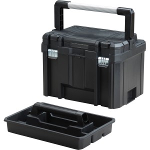 Schwarze Stanley FatMax Tstak Werkzeugbox mit Tragegriff und Organizer-Einsatz.