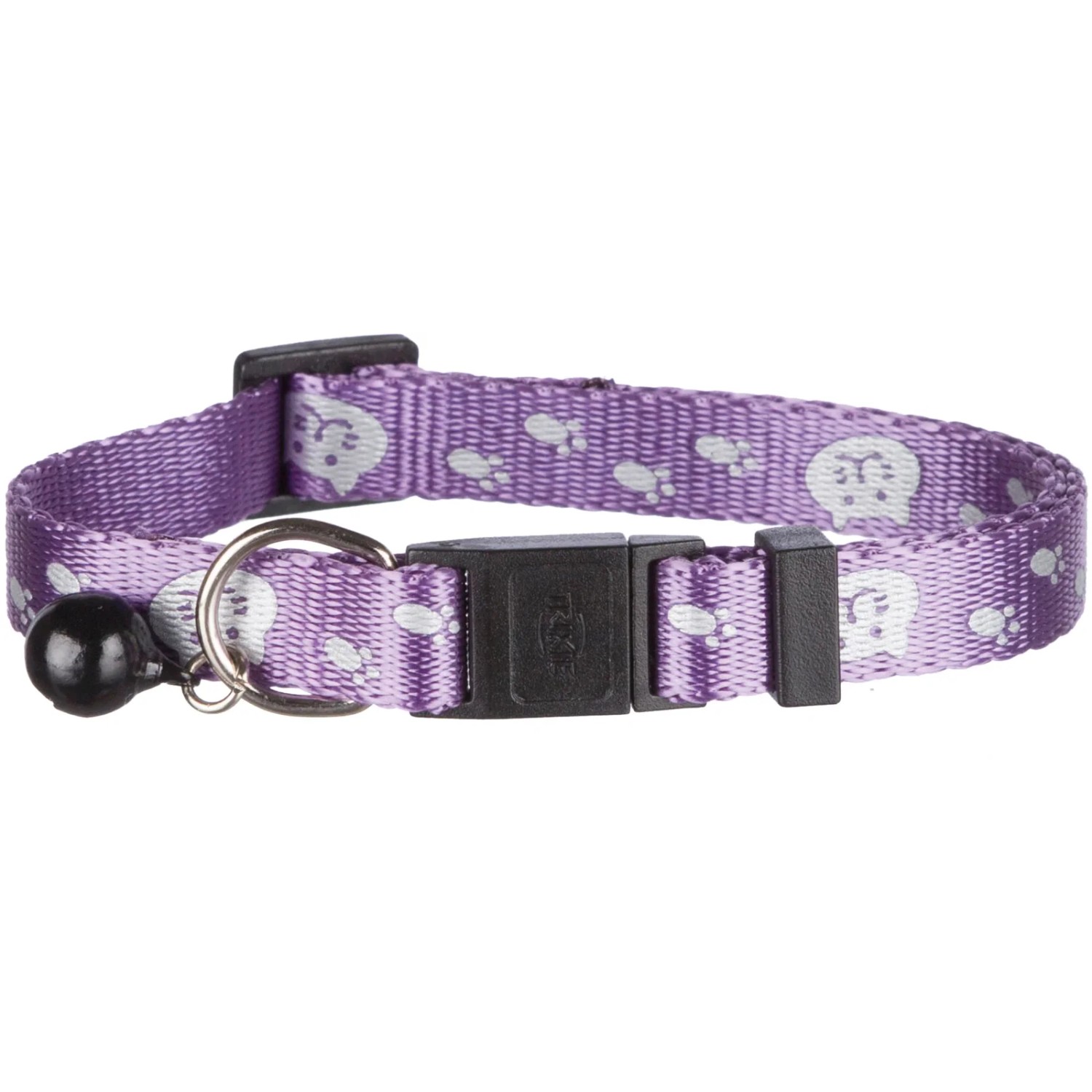 Reflektierendes, lila Trixie Katzenhalsband aus Nylon mit Glöckchen und Katzenmotiv.