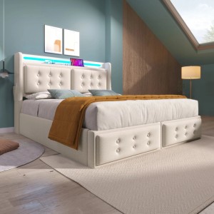 okwish Polsterbett 160x200cm mit LED Kopfteil USB Ladefunktion Jugendzimmer Beige mit Matratze