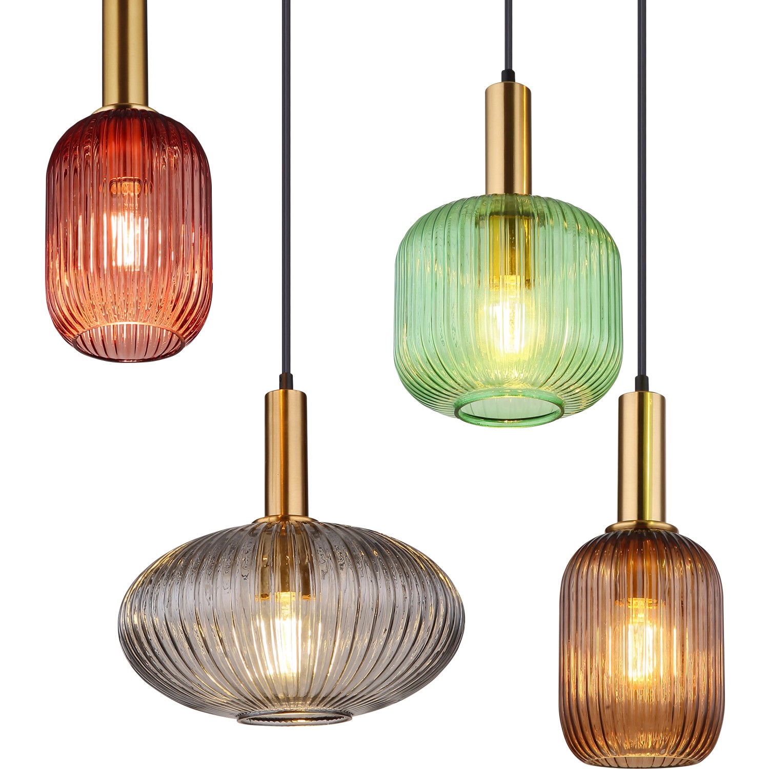 Globo Pendelleuchte Normy, 8-flammig, mit bunten Glasschirmen und Messingdetails.