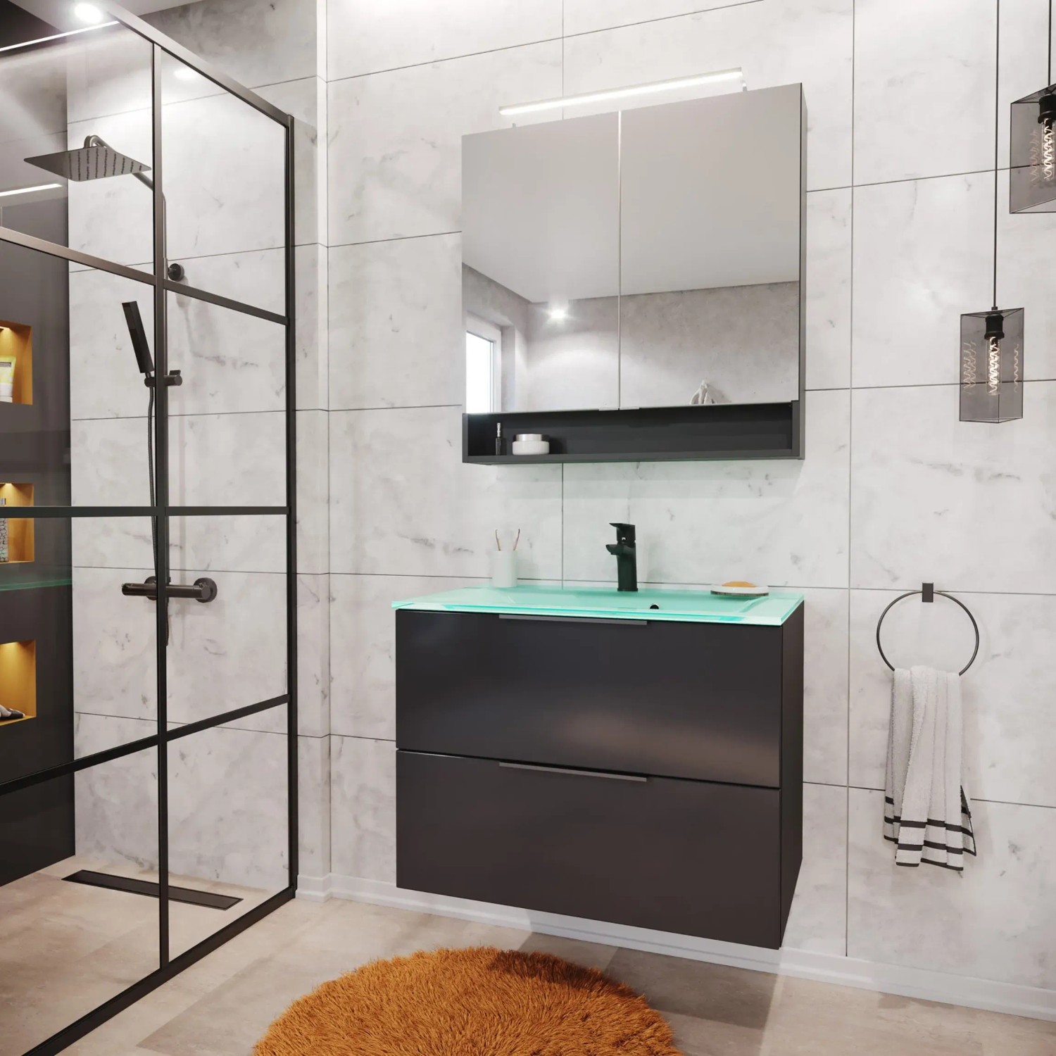 Fackelmann Spiegelschrank Luna, 80 cm, Anthrazit mit Softclose im modernen Badezimmer.