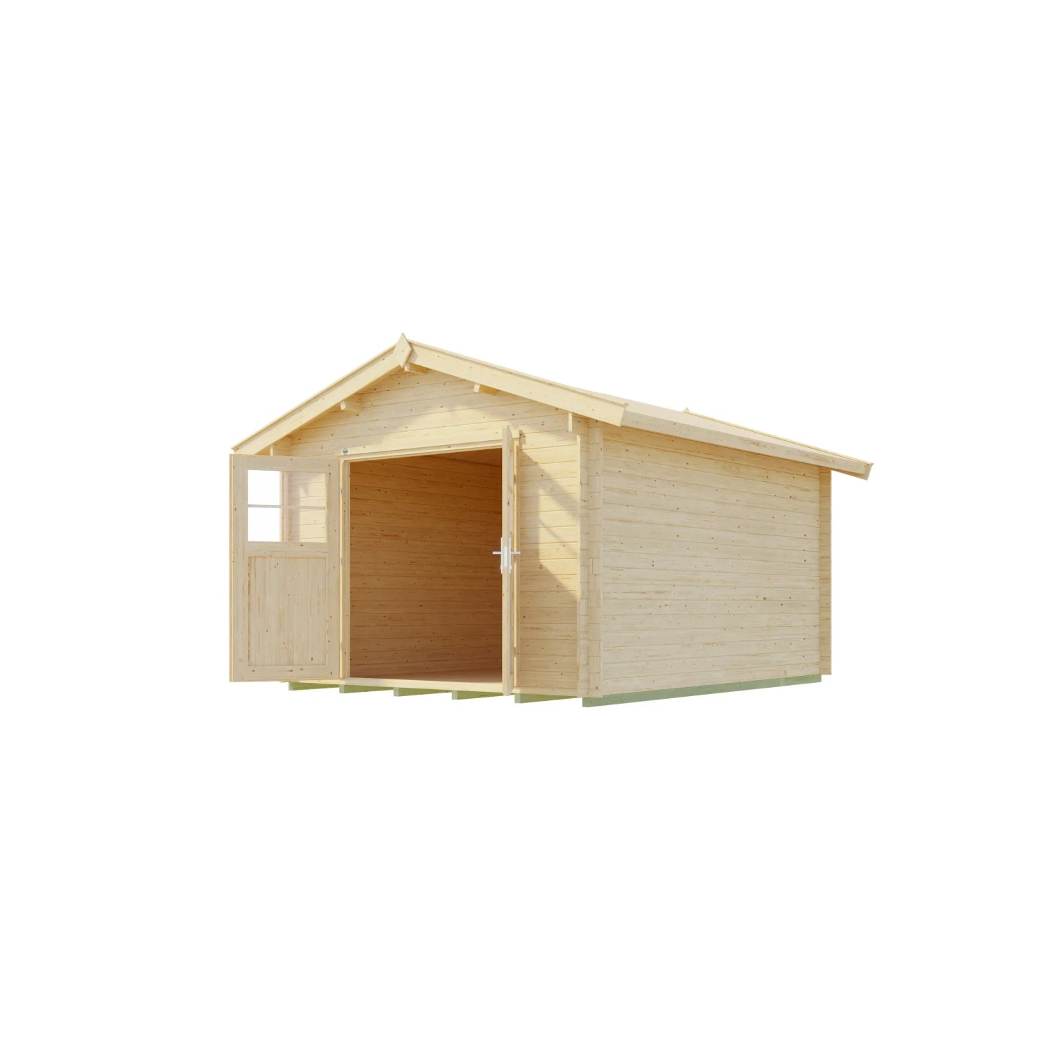Unbehandeltes Weka Holz-Gartenhaus mit Satteldach und geöffneten Türen.