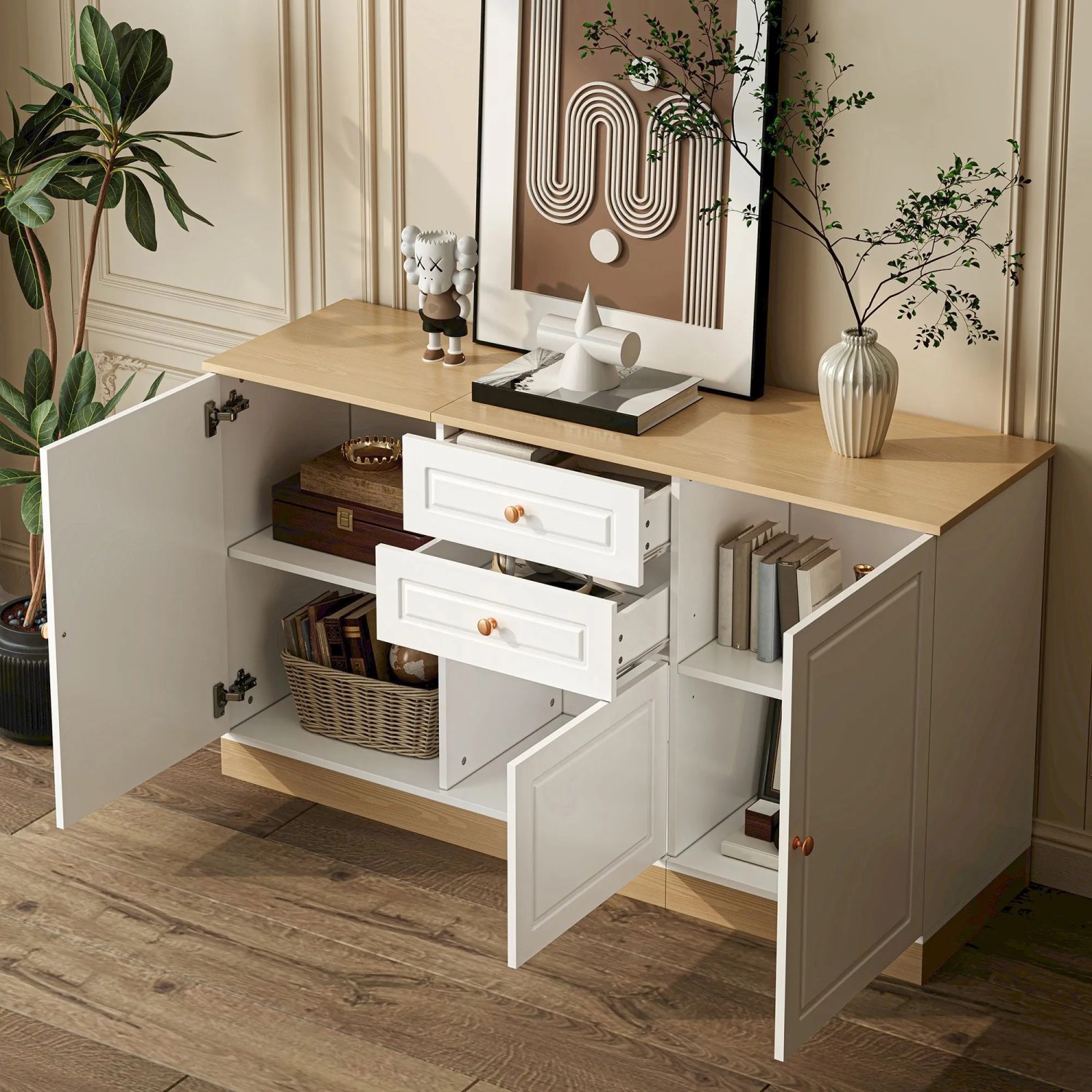 okwish Sideboard mit 3 Türen Doppelschubladen Wohnzimmer 135.5x76x39cm Weiß_2