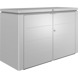 Biohort HighBoard 200 Gartenbox, silber-metallic, Universalbox mit Flügeltüren und abschließbarem Deckel.