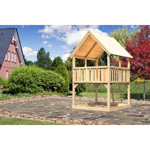 Karibu Spielturm Luis mit Satteldach aus naturbelassener Fichte für den Garten.